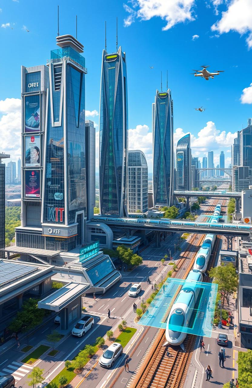 A futuristic cityscape showcasing advanced electronics, with towering skyscrapers integrated with smart technology, solar panels, and large digital displays