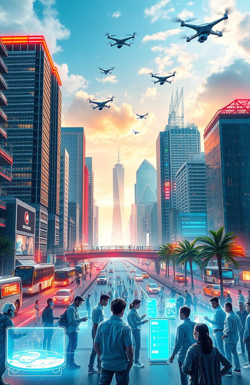 A vibrant cityscape showcasing advanced electronics and infrastructure development, featuring futuristic skyscrapers with integrated solar panels, a smart transportation system with autonomous vehicles, and people interacting with holographic technology