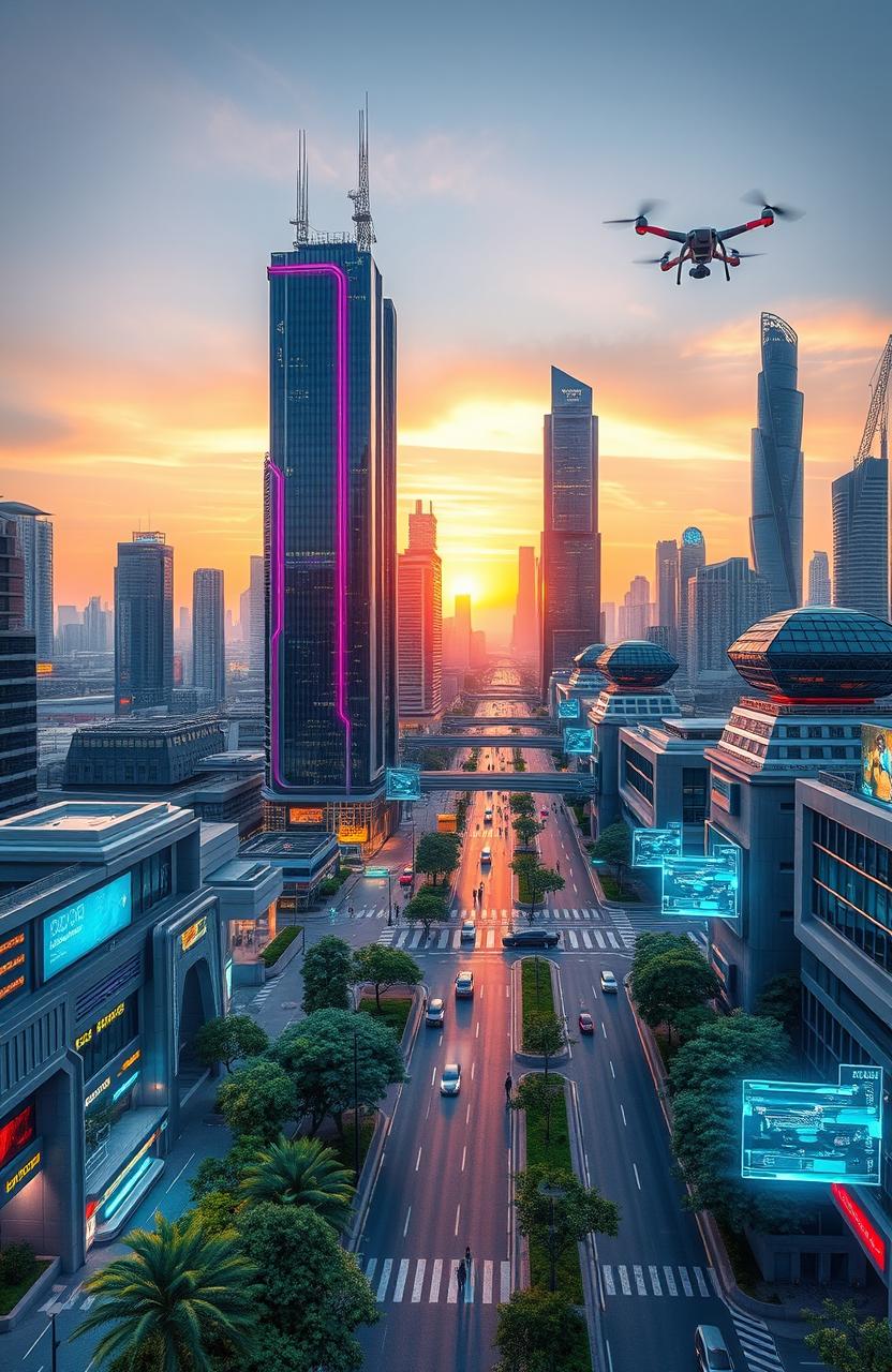 A futuristic cityscape depicting advanced infrastructure powered by electronics, software, and artificial intelligence