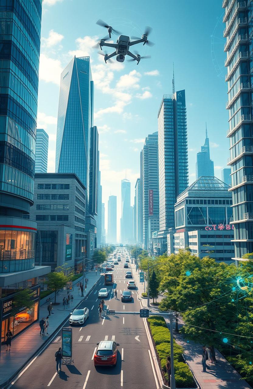 A visually captivating representation of a modern city showcasing the integration of electronics, software, and artificial intelligence in infrastructure development