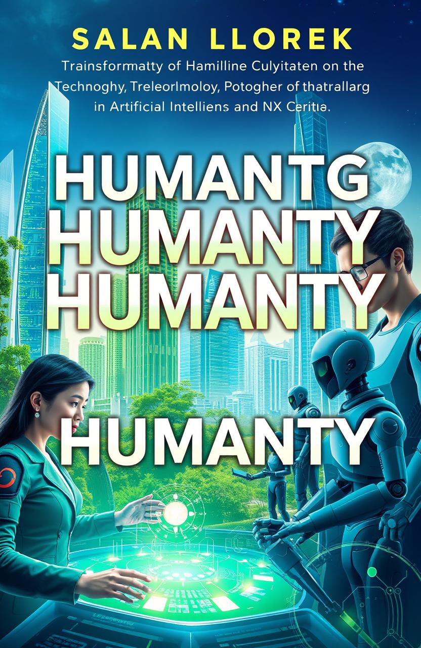 A futuristic book cover design that visually represents the transformation of humanity through technology, programming, and artificial intelligence