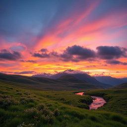 A stunning landscape scene featuring a wide expanse of rolling hills under a vibrant sunset sky with hues of orange, pink, and purple
