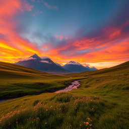 A stunning landscape scene featuring a wide expanse of rolling hills under a vibrant sunset sky with hues of orange, pink, and purple