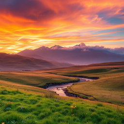 A stunning landscape scene featuring a wide expanse of rolling hills under a vibrant sunset sky with hues of orange, pink, and purple