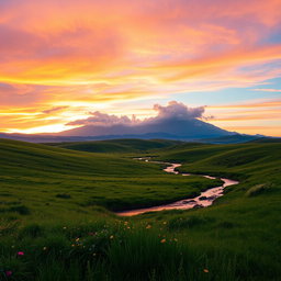 A stunning landscape scene featuring a wide expanse of rolling hills under a vibrant sunset sky with hues of orange, pink, and purple