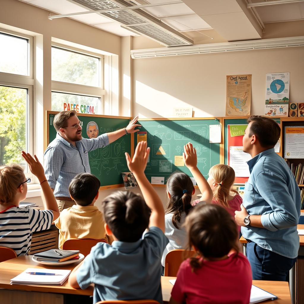 A dynamic and engaging classroom scene featuring a male teacher energetically interacting with his students