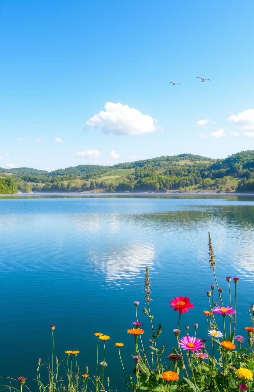 A serene landscape depicting a tranquil lake surrounded by lush green trees and soft rolling hills under a clear blue sky