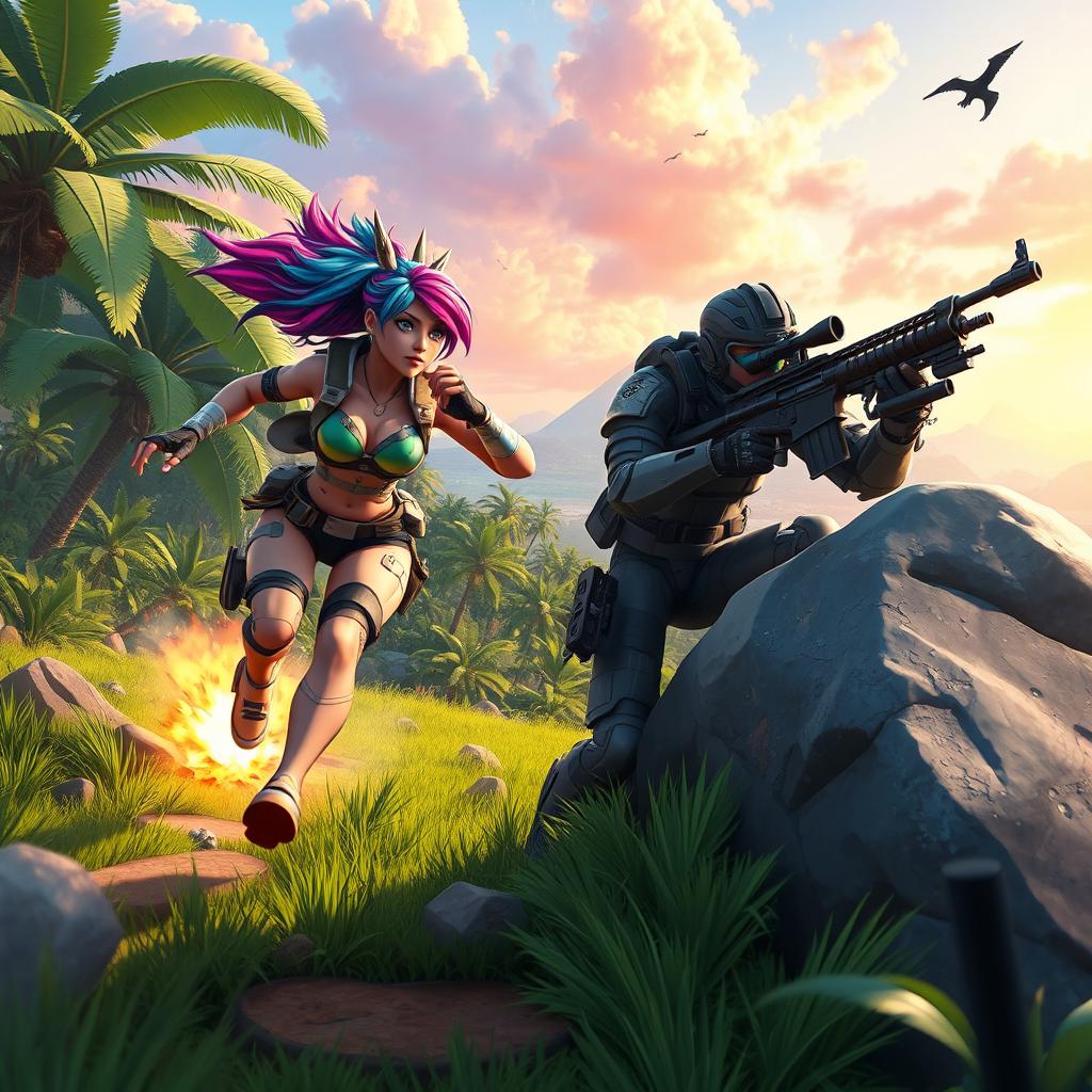 A dynamic and exciting scene from a battle royale game, featuring a group of diverse characters in action-packed poses