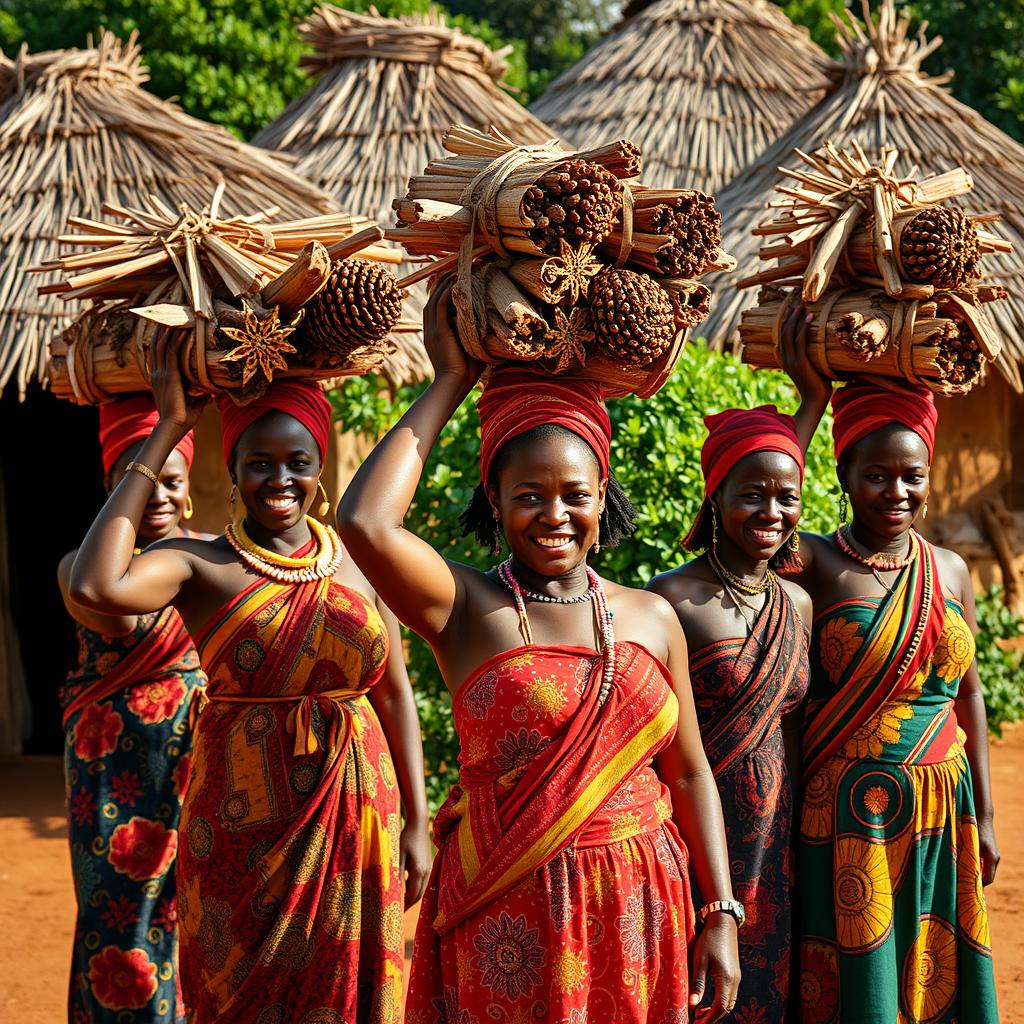 A group of strong African women carrying intricate woodwork on their heads, dressed in colorful traditional clothing, set against a backdrop of traditional African huts made of straw and mud