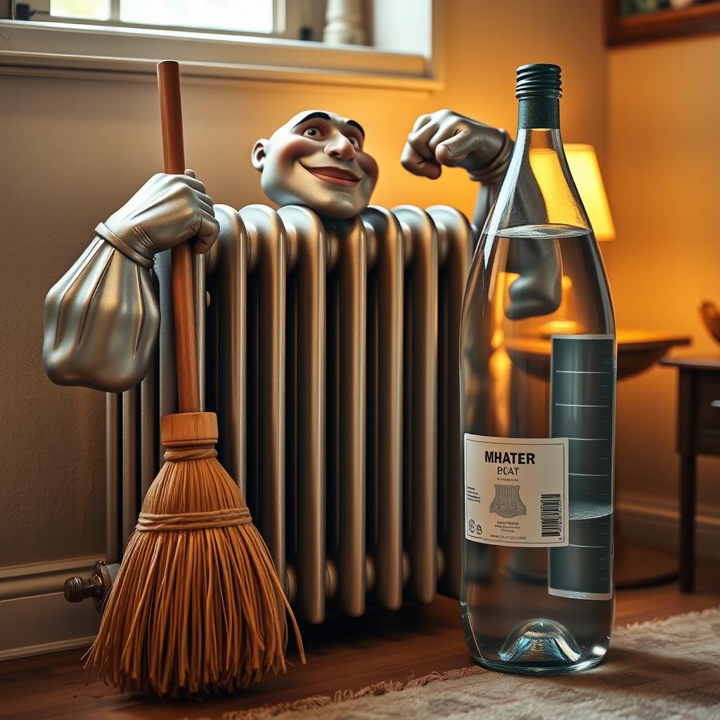 A whimsical scene featuring a muscular radiator heater with oversized iron biceps flexing proudly