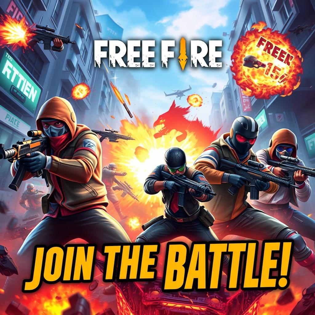 A vibrant and dynamic Free Fire themed banner, showcasing intense action featuring stylish characters in battle gear, wielding weapons, and strategizing in a thrilling combat environment