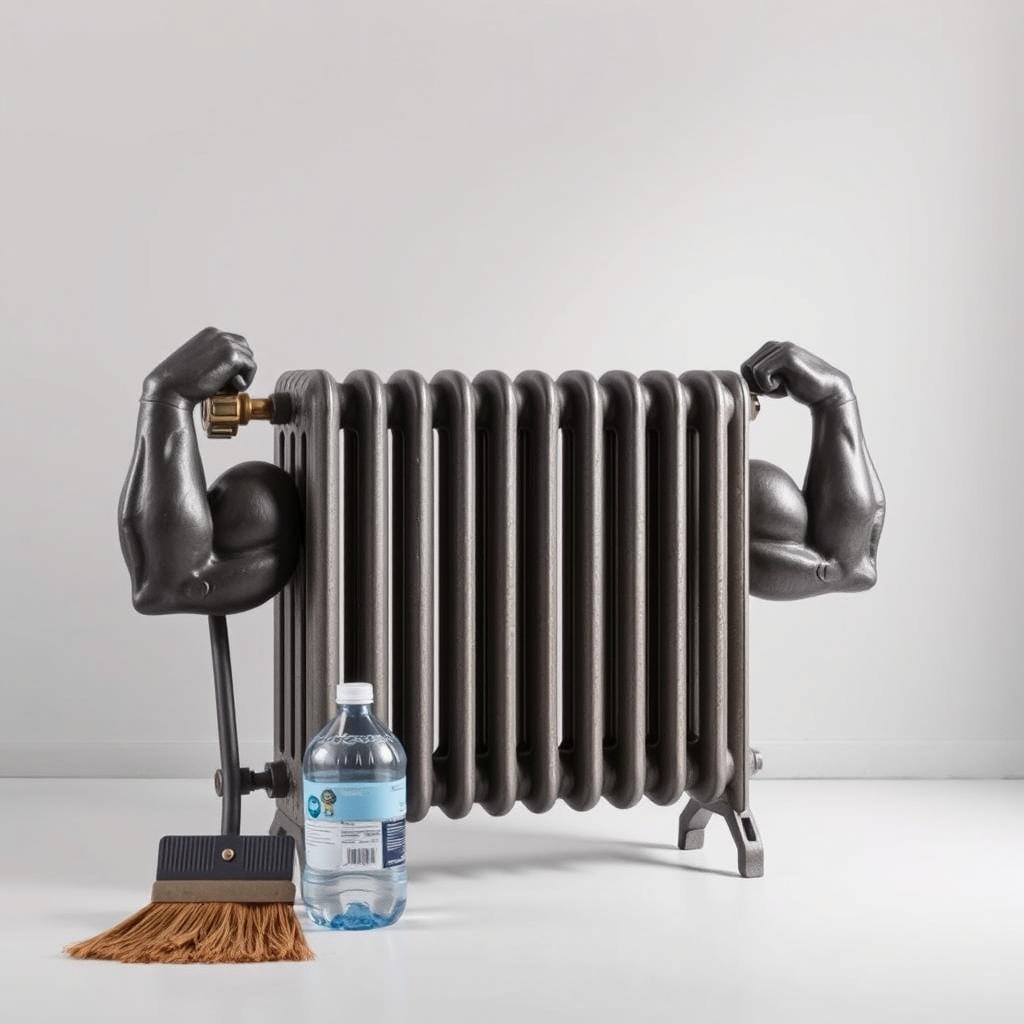 A muscular radiator heater designed with an industrial aesthetic, featuring large iron biceps protruding from the sides, showcasing strength and durability