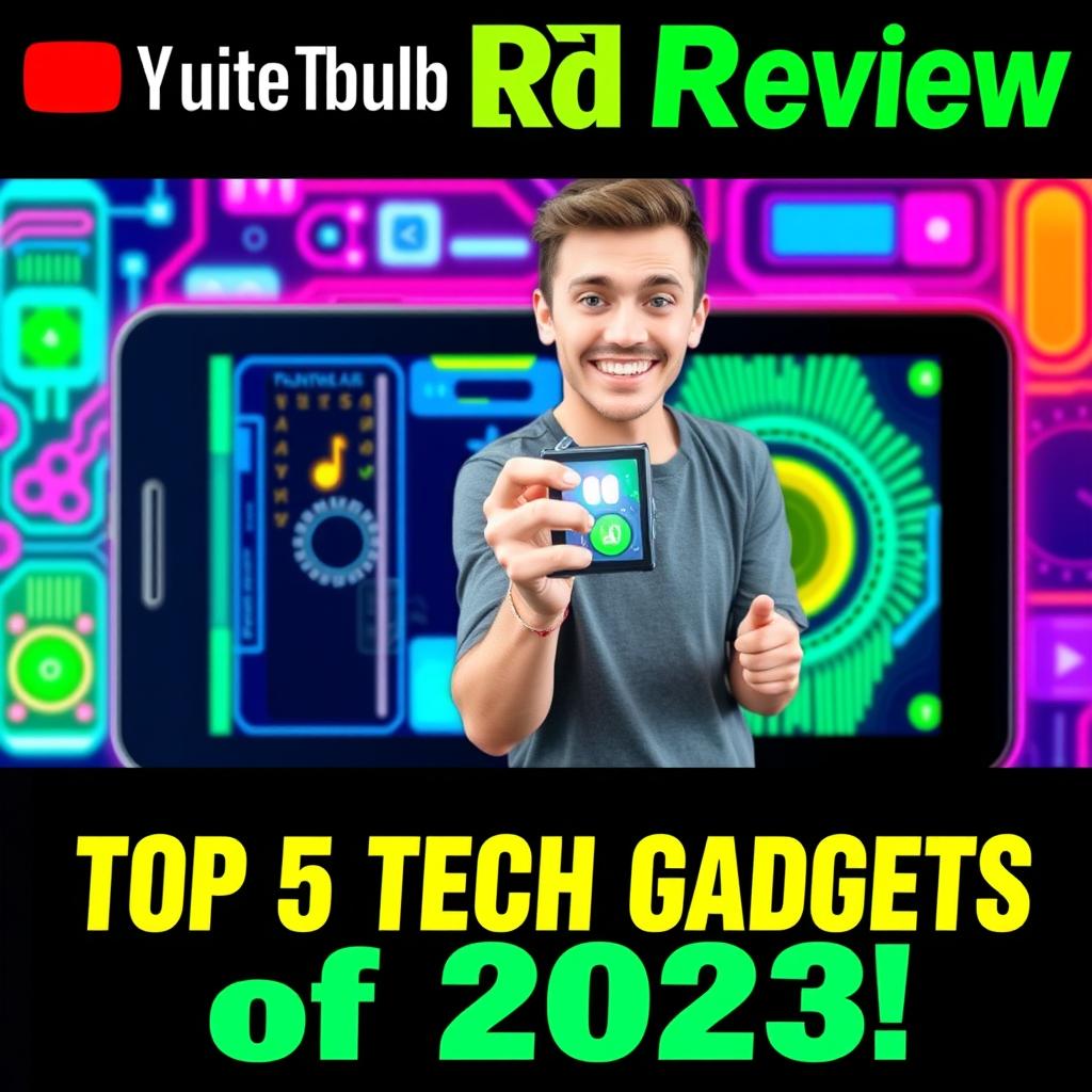 A vibrant and eye-catching YouTube thumbnail showcasing a tech review channel
