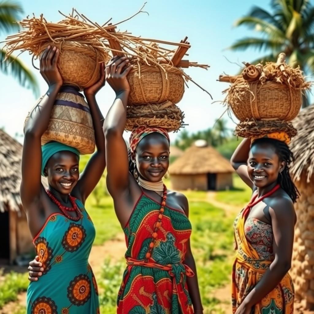 A vibrant scene depicting African women gracefully carrying traditional woodwork on their heads