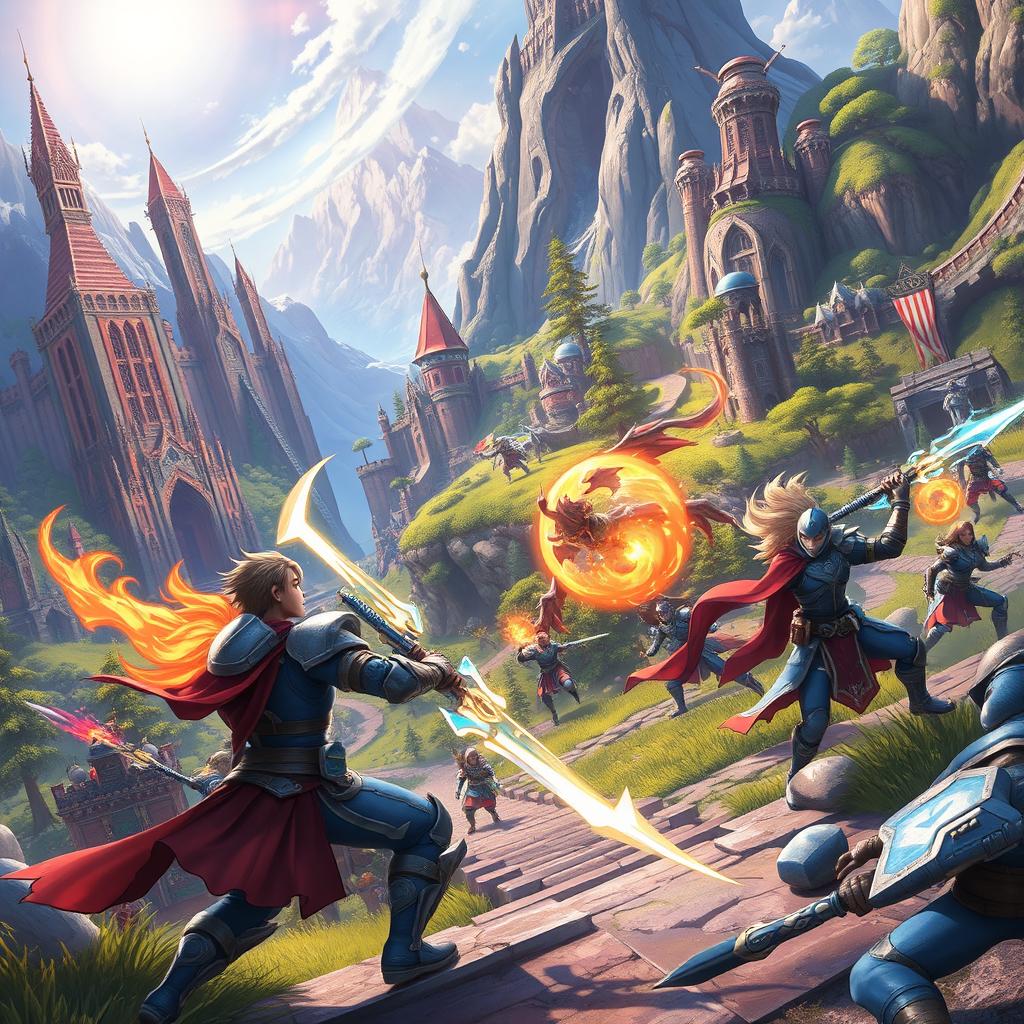 A dynamic and immersive 3D gaming environment with vibrant fantasy landscapes, featuring intricate castles, lush forests, and towering mountains