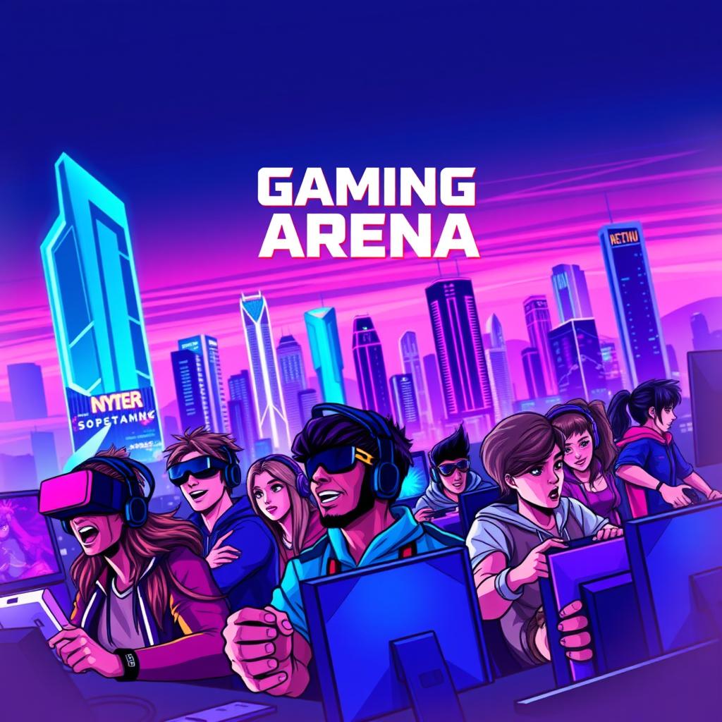 A vibrant and dynamic gaming banner featuring a futuristic cyberpunk city skyline at dusk