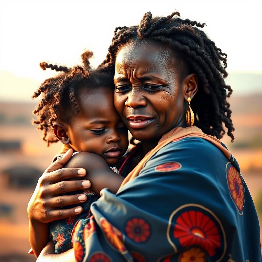 An emotional scene depicting an African mother holding her young daughter tightly in a loving embrace, tears streaming down her face