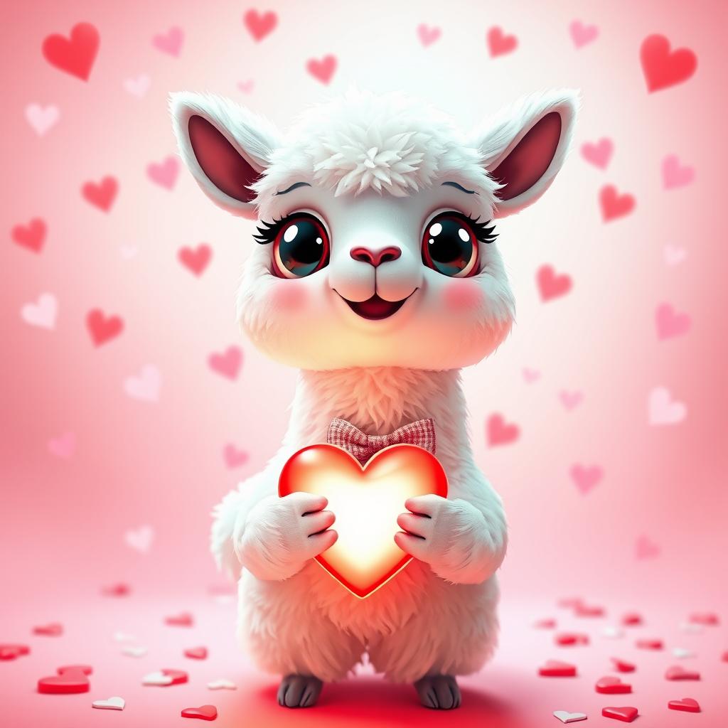 A charming anthropomorphic white llama with large expressive eyes, standing upright and holding a glowing heart in its paws