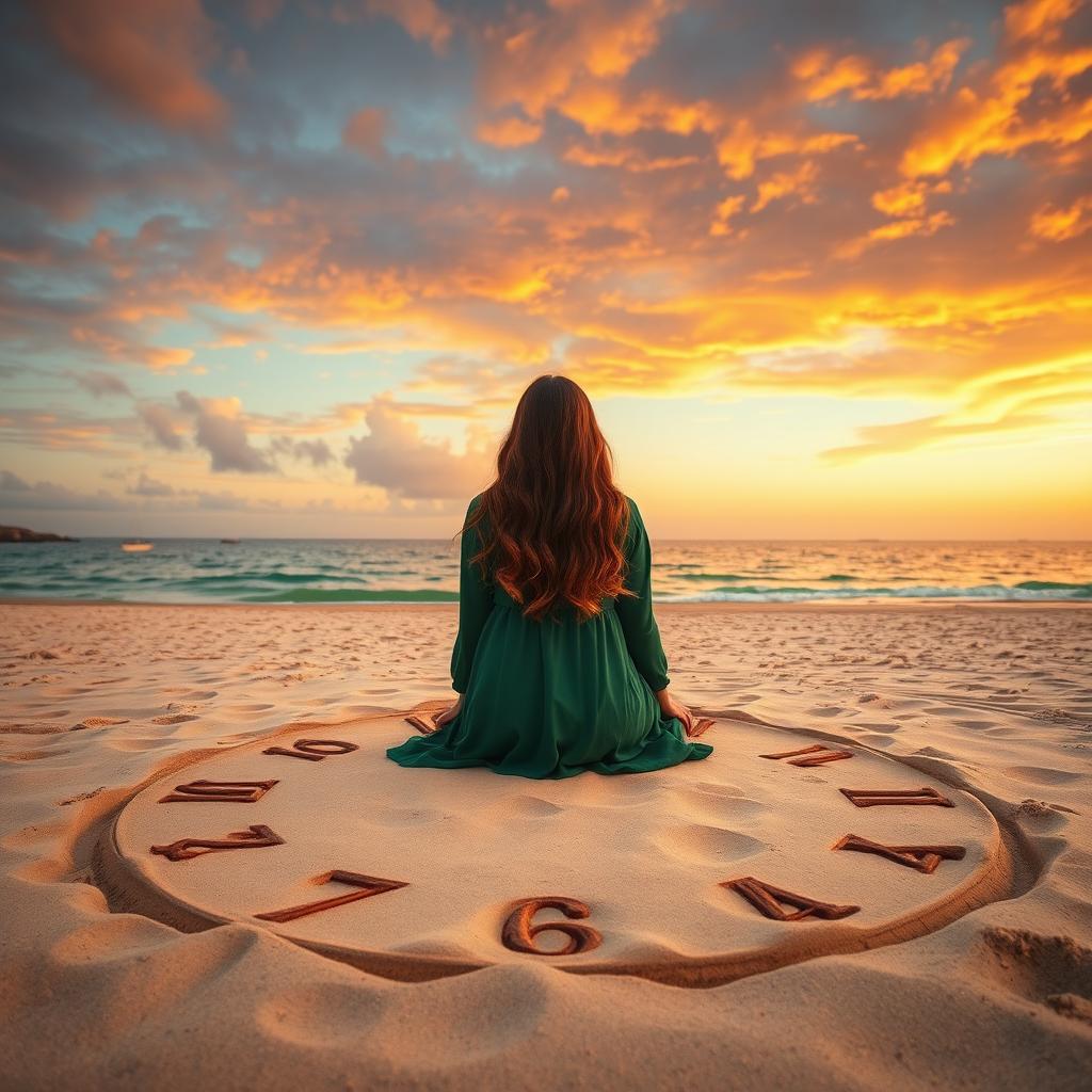 A picturesque beach scene featuring a woman with long, dark blond hair, wearing a long green dress with long sleeves