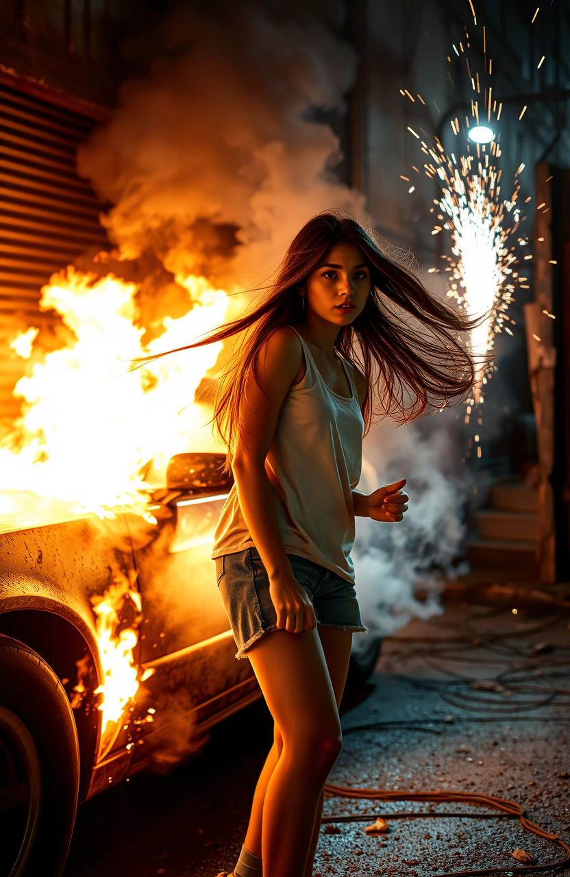 A dramatic scene featuring a girl watching a stolen car engulfed in flames