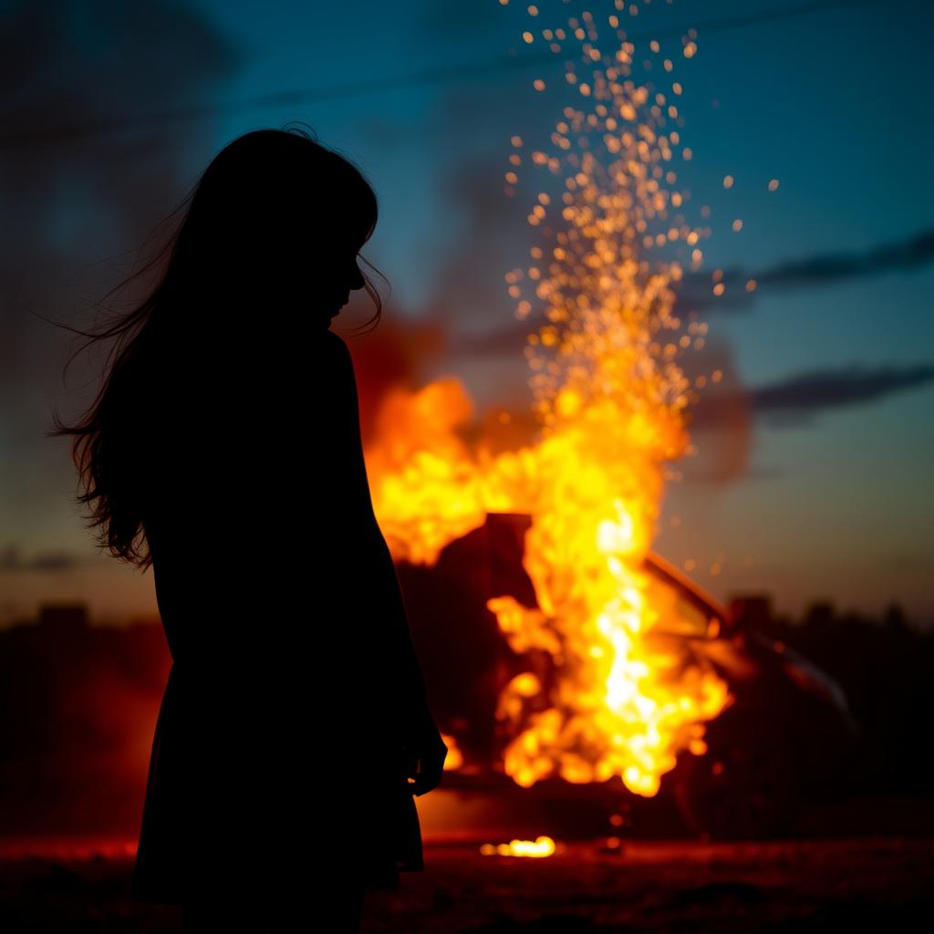 A striking silhouette of a girl watching a stolen car engulfed in flames