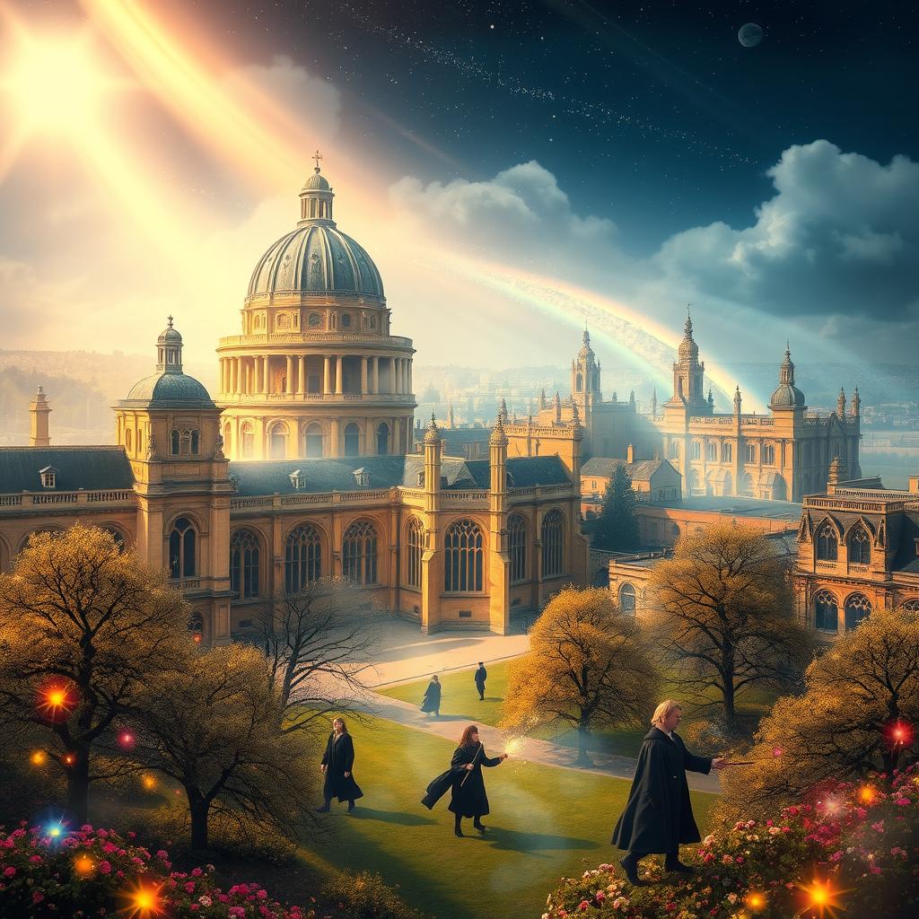 A breathtaking view of Oxford University enveloped in a magical spell, showcasing its iconic architecture such as the Radcliffe Camera, Christ Church, and the Bodleian Library