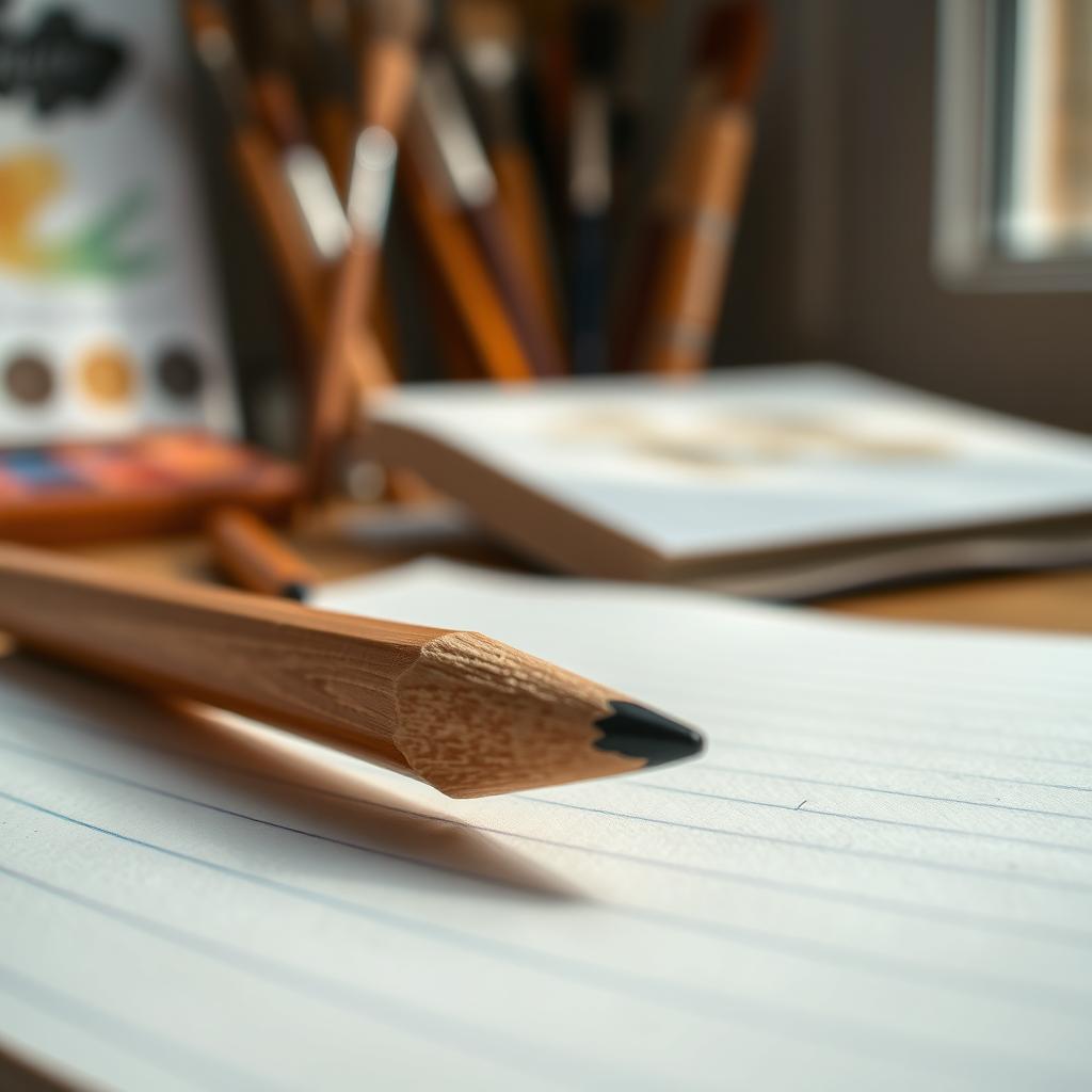 A beautifully detailed close-up of a classic wooden pencil with a sharpened tip, resting on an open notebook with the pages slightly wrinkled