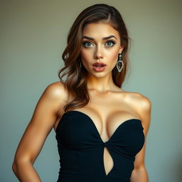 A stunning 18-year-old woman with an alluring and surprised expression, standing front-facing and making direct eye contact with the camera