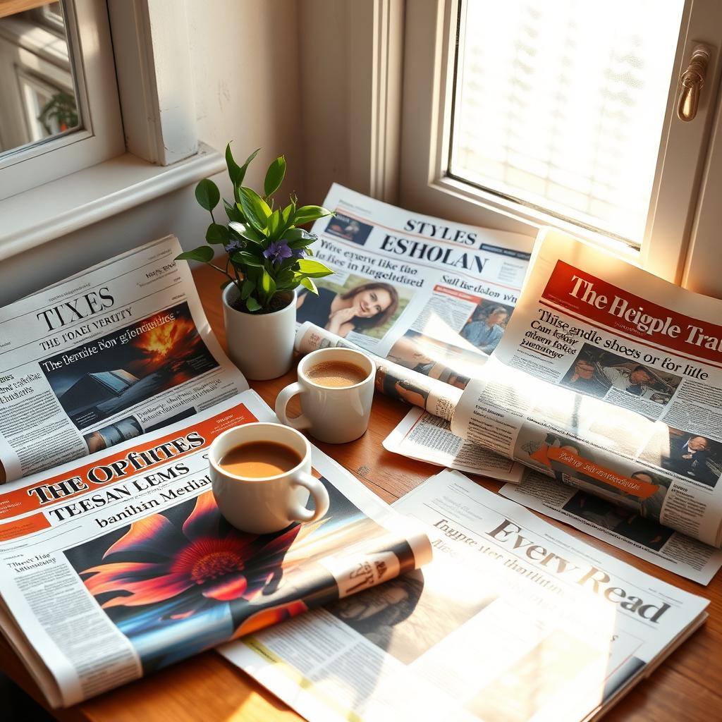 A beautifully arranged desk with a variety of newspapers and magazines, each showcasing vibrant colors and engaging headlines