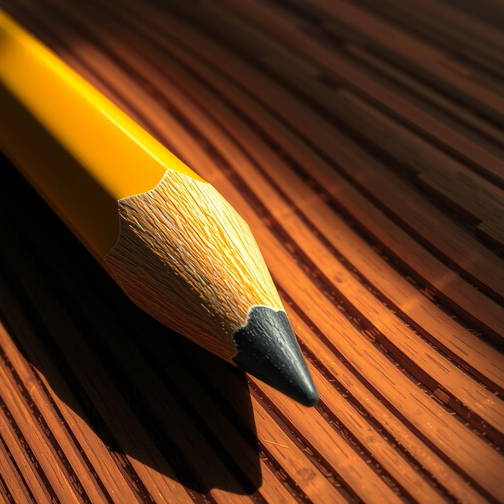 A detailed artistic representation of a pencil laying on a textured wooden surface