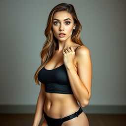 A beautiful 18-year-old woman with a surprised expression, standing front-facing and making direct eye contact with the camera