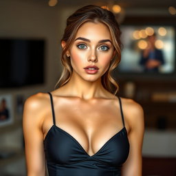 A beautiful 18-year-old woman with a surprised expression, standing front-facing and gazing directly at the camera