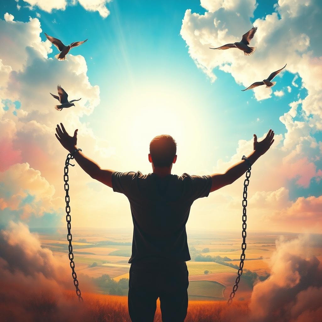 An abstract representation of the concept of liberation, featuring a person breaking free from chains in a dreamy landscape