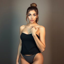 A stunning 18-year-old woman with a surprised expression, standing front-facing and looking directly at the camera