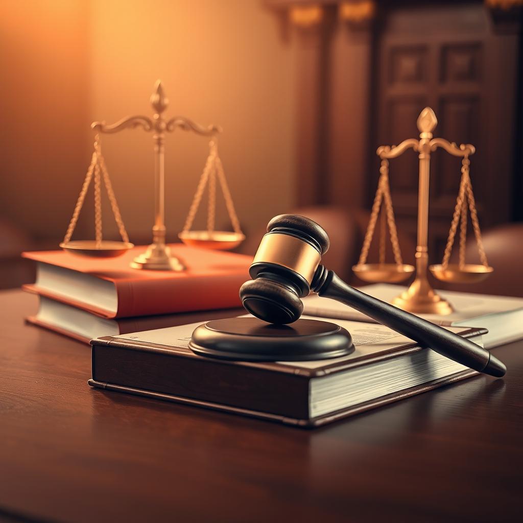 An artistic representation of a law-themed design featuring a judge's gavel, legal books, scales of justice, and a classical courtroom setting