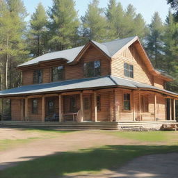 A two-storey retreat camp administration building portraying two well-equipped offices, three inviting bedrooms, a usable kitchen. It also includes a spacious dining area accommodating 80 persons, alongside a warm, welcoming gathering area focused around a rustic fireplace.