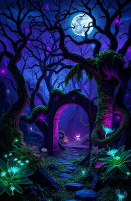 A strikingly unique scene featuring a mystical forest at dusk, illuminated by bioluminescent plants and ethereal creatures, with twisted trees and mist weaving through the undergrowth