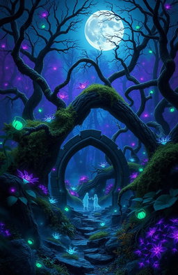 A strikingly unique scene featuring a mystical forest at dusk, illuminated by bioluminescent plants and ethereal creatures, with twisted trees and mist weaving through the undergrowth