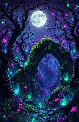 A strikingly unique scene featuring a mystical forest at dusk, illuminated by bioluminescent plants and ethereal creatures, with twisted trees and mist weaving through the undergrowth