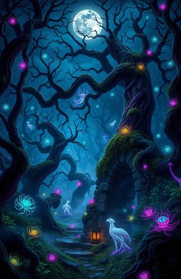A strikingly unique scene featuring a mystical forest at dusk, illuminated by bioluminescent plants and ethereal creatures, with twisted trees and mist weaving through the undergrowth