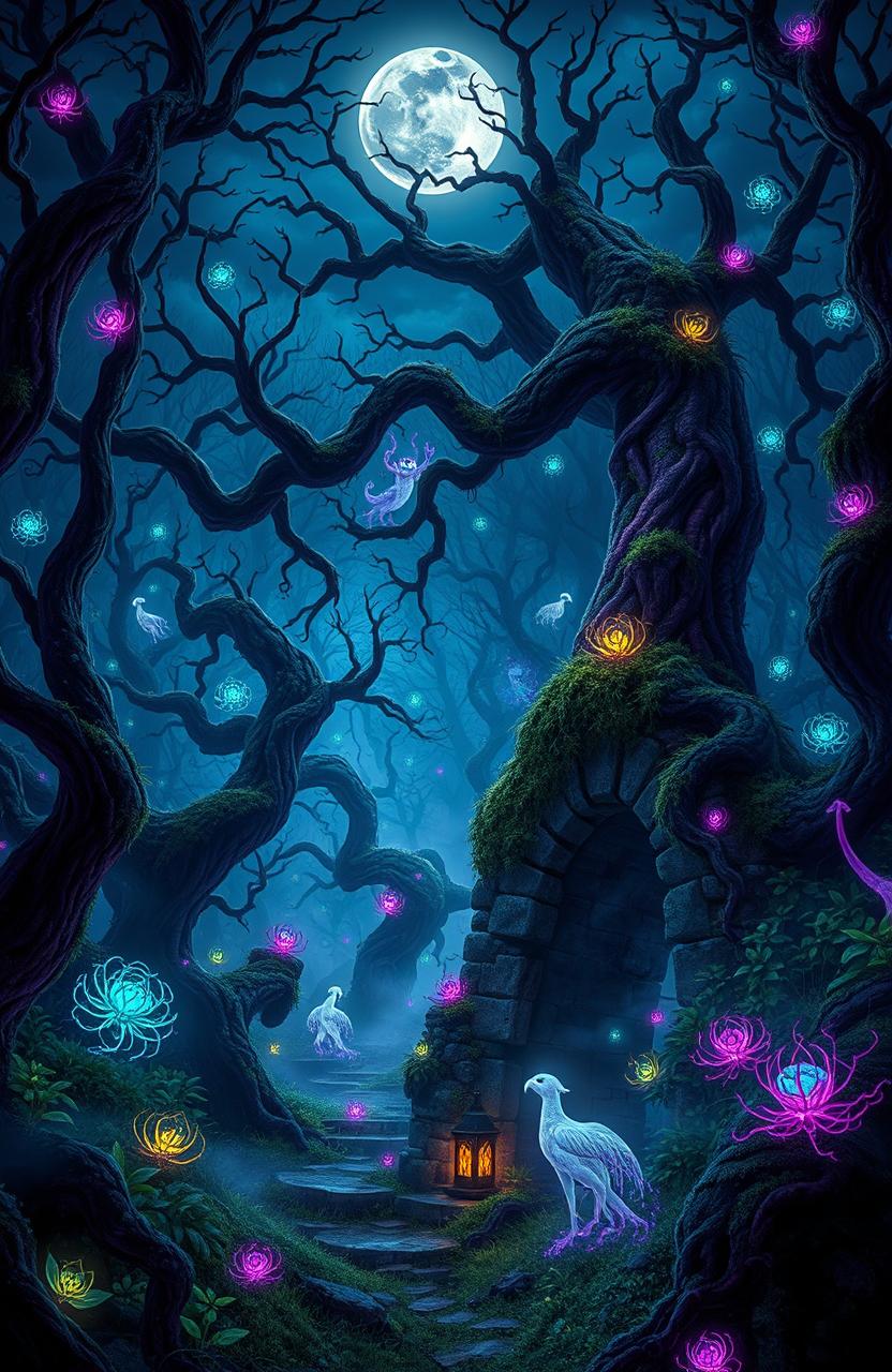 A strikingly unique scene featuring a mystical forest at dusk, illuminated by bioluminescent plants and ethereal creatures, with twisted trees and mist weaving through the undergrowth