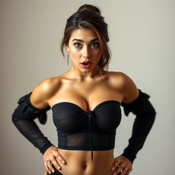 A captivating 18-year-old woman with a surprised expression, standing front-facing and looking directly at the camera