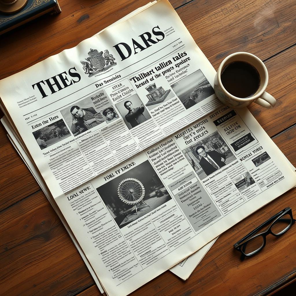 An artistic representation of a vintage newspaper, featuring classic typography and bold headlines, laid out on an old wooden desk