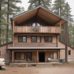 A two-storey retreat camp administration building portraying two well-equipped offices, three inviting bedrooms, a usable kitchen. It also includes a spacious dining area accommodating 80 persons, alongside a warm, welcoming gathering area focused around a rustic fireplace.