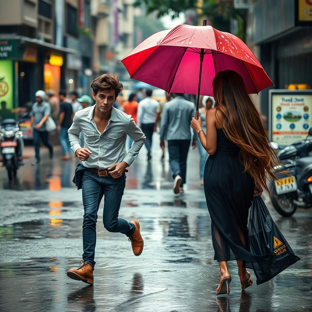 A rainy afternoon in a bustling city street in Sri Lanka, capturing the moment a handsome young man with tousled hair and stylish clothing runs slowly without an umbrella