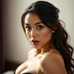 A stunning 18-year-old woman with a surprised expression, directly facing the camera