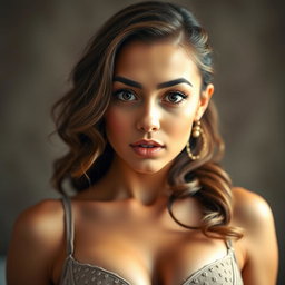 A stunning 18-year-old woman with a surprised expression, directly facing the camera