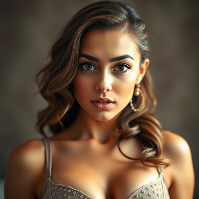 A stunning 18-year-old woman with a surprised expression, directly facing the camera