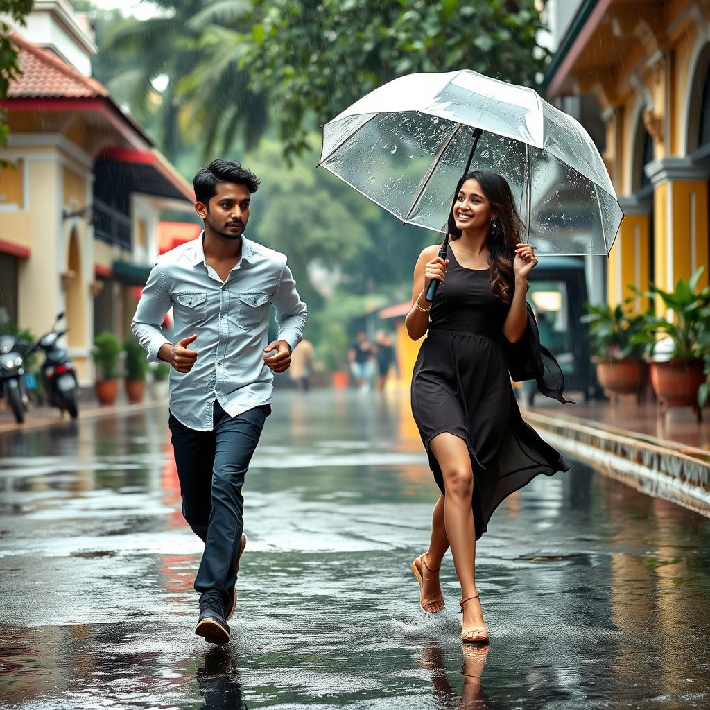 In a lively city street in Sri Lanka on a rainy afternoon, a handsome young man is running slowly without an umbrella, looking slightly surprised as he bumps into a beautiful young woman who is gracefully holding an umbrella