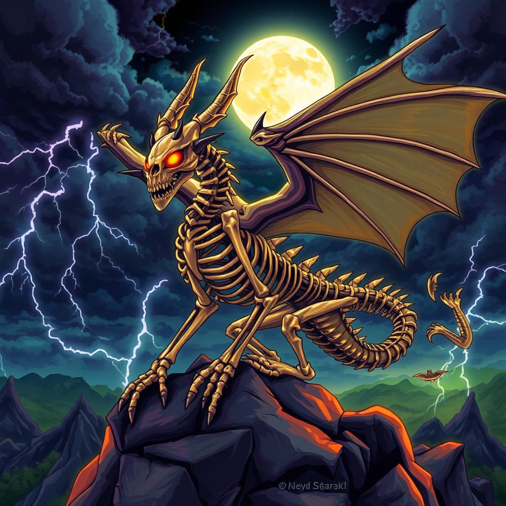 A stylized illustration of a Skeleyon, a fusion of a skeleton and a dragon, displaying intricate skeletal features with dragon-like wings
